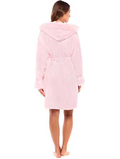 Alexander Del Rossa Women's Short Fleece Robe with Hood, Knee Length Faux Fur Bathrobe