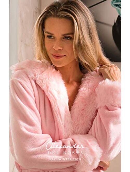Alexander Del Rossa Women's Short Fleece Robe with Hood, Knee Length Faux Fur Bathrobe