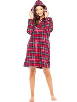 Women's Warm Flannel Sleep Shirt with Hood, Button Down Pajama Top