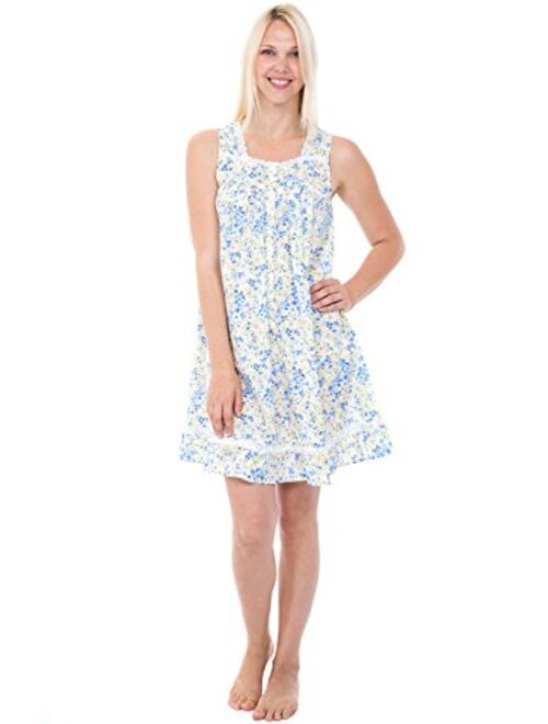 Alexander Del Rossa Womens 100% Cotton Lawn Nightgown, Sleeveless Button Up Ruffled Sleep Dress