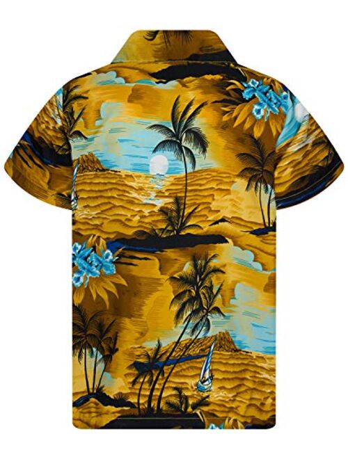KING KAMEHA Funky Casual Hawaiian Shirt for Kids Boys and Girls Front Pocket Very Loud Shortsleeve Unisex Surf Beach Print