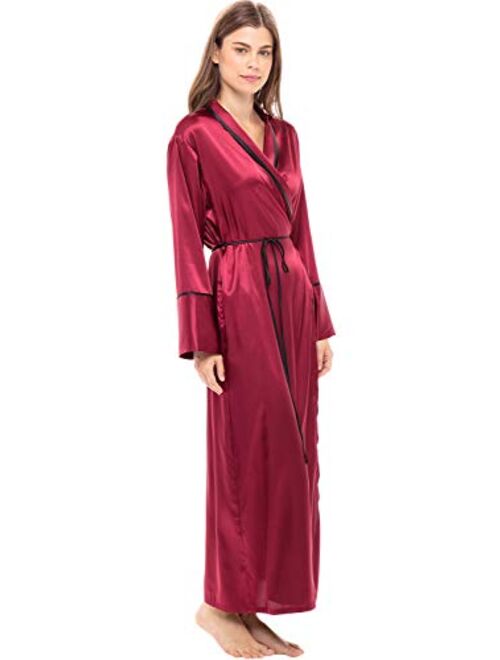 Alexander Del Rossa Women's Long Satin Robe with Contrast Piping- Tie Belt, Pockets, Full Length