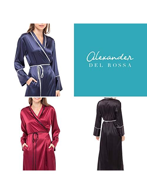 Alexander Del Rossa Women's Long Satin Robe with Contrast Piping- Tie Belt, Pockets, Full Length