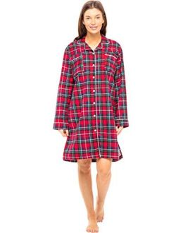 Women's Warm Flannel Sleep Shirt, Button Down Boyfriend Nightgown