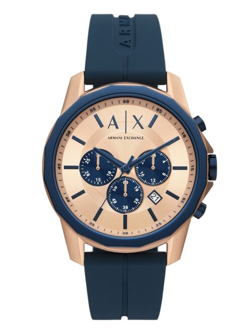 A|X Armani Exchange Men's Banks Chronograph in Rose Gold-tone Plated Stainless Steel with Navy Silicone Strap Watch, 44mm