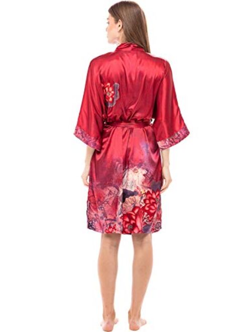 Alexander Del Rossa Women's MidLength Satin Wrap - Belted Robe with Pockets, Limited Edition Print
