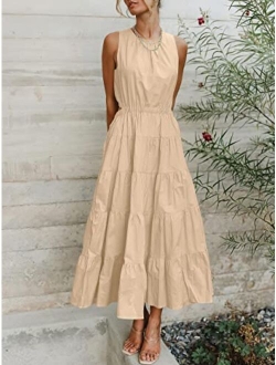 ANRABESS Womens Summer Sleeveless Cutout Maxi Dress Crewneck Tiered Flowy A-Line Sundress with Pockets