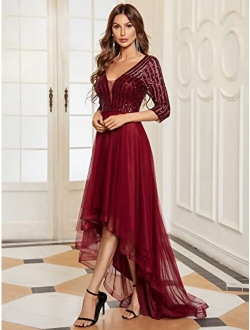 Women's High Low A-Line Sequin 3/4 Sleeve Tulle Evening Party Dress 50172