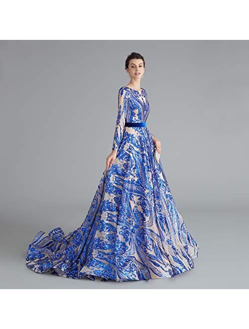 Maricopyjam Women's Luxury Sequins Long Sleeve Jewel Long Prom Evening Dresses