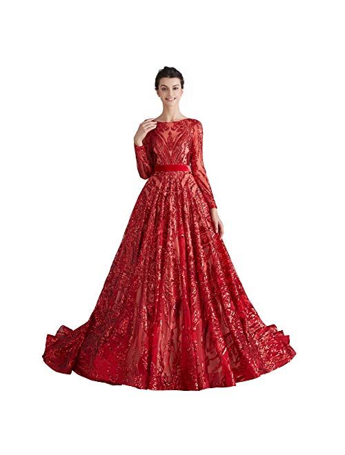 Maricopyjam Women's Luxury Sequins Long Sleeve Jewel Long Prom Evening Dresses