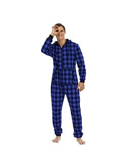 Xyuh Flannel Pajamas Sets for Men Soft One Piece Jumpsuit Plaid Print Hooded Sleepwear Winter Fleece Onesie Plus Size