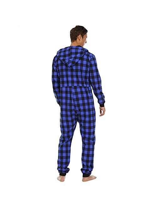 Xyuh Flannel Pajamas Sets for Men Soft One Piece Jumpsuit Plaid Print Hooded Sleepwear Winter Fleece Onesie Plus Size