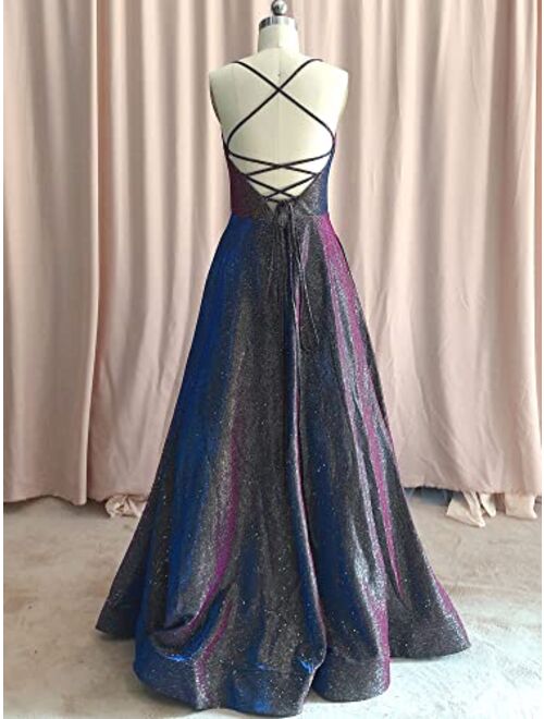 Topfountonart Women's Prom Dresses Formal Evening Dress Spaghetti Straps Neck Glitter Party Dress with Pockets