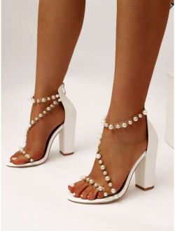 Faux Pearls Decor Chunky Heeled Ankle Strap Sandals