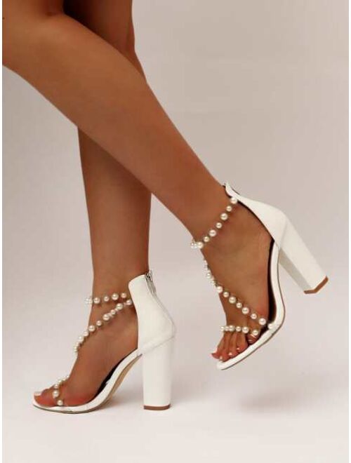 Shein Faux Pearls Decor Chunky Heeled Ankle Strap Sandals