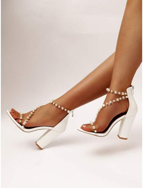 Shein Faux Pearls Decor Chunky Heeled Ankle Strap Sandals