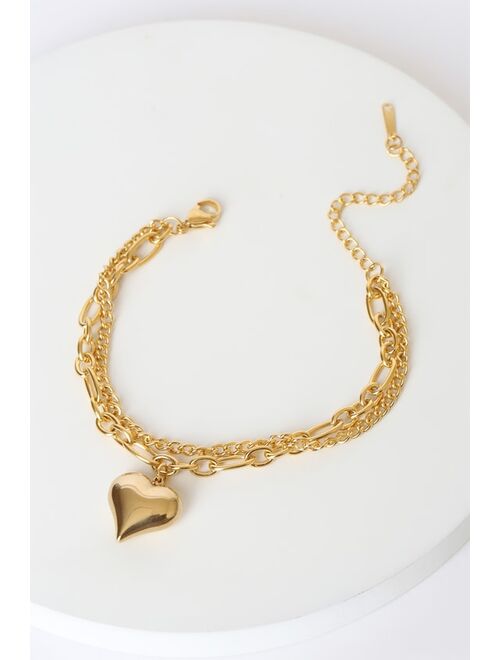 Lulus Charming Romance Gold Layered Heart Charm Bracelet