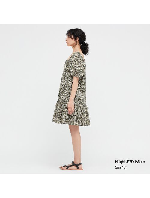 UNIQLO Printed Cotton Square Neck Short-Sleeve Mini Dress
