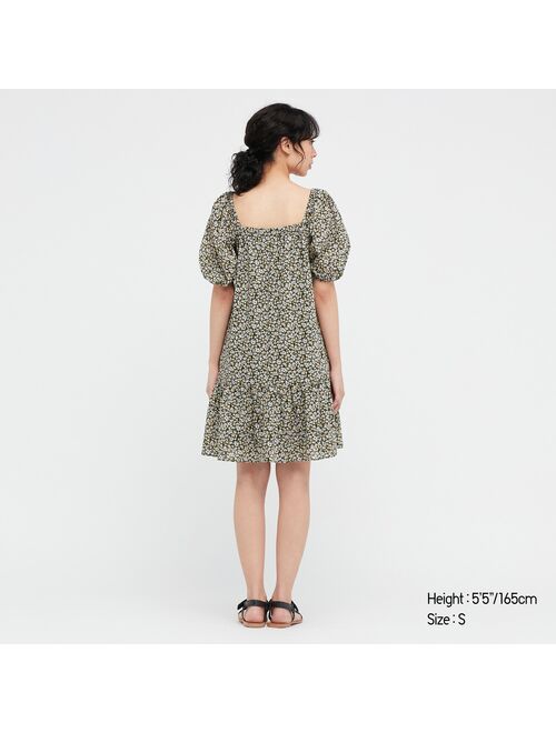 UNIQLO Printed Cotton Square Neck Short-Sleeve Mini Dress