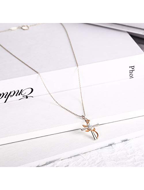 BlingGem Cross Necklaces for Women Sterling Silver Dainty Religious Cross Pendant White/Rose/Gold Plated Cubic Zirconia Rose Flower Necklace Birthday Anniversary Jewelry 