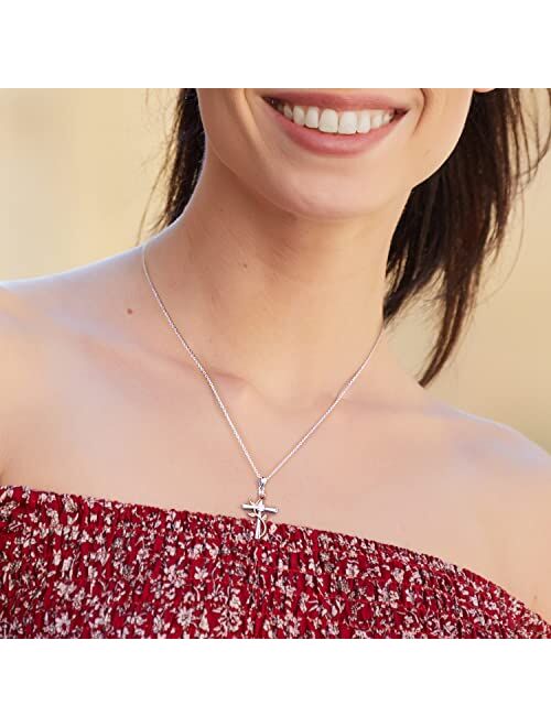 BlingGem Cross Necklaces for Women Sterling Silver Dainty Religious Cross Pendant White/Rose/Gold Plated Cubic Zirconia Rose Flower Necklace Birthday Anniversary Jewelry 