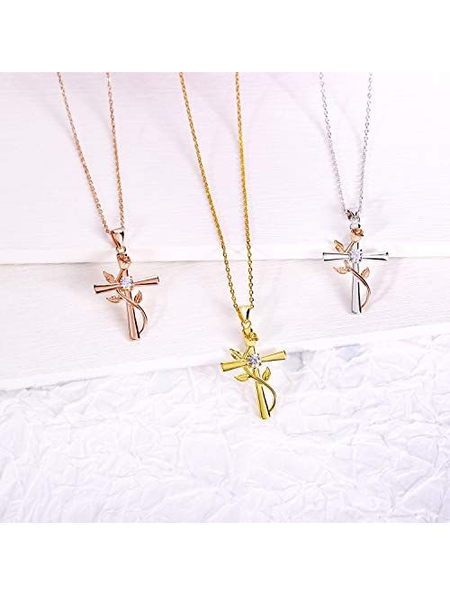 BlingGem Cross Necklaces for Women Sterling Silver Dainty Religious Cross Pendant White/Rose/Gold Plated Cubic Zirconia Rose Flower Necklace Birthday Anniversary Jewelry 