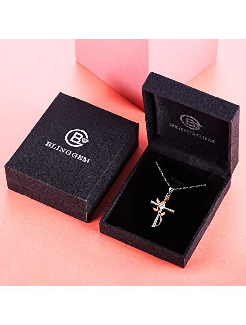 BlingGem Cross Necklaces for Women Sterling Silver Dainty Religious Cross Pendant White/Rose/Gold Plated Cubic Zirconia Rose Flower Necklace Birthday Anniversary Jewelry 