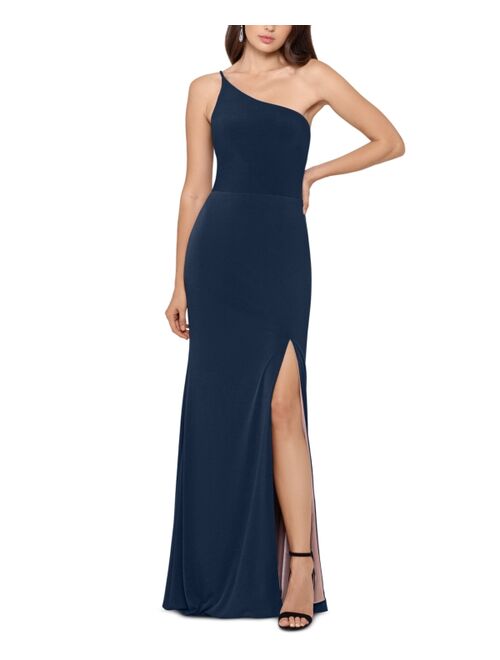 XSCAPE One-Shoulder High Slit Prom Gown