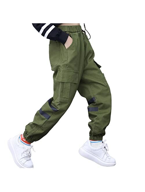 Freebily Kids Boys' Elastic Waistband Cotton Cargo Jogger Pants with Pockets Athletic Sports Sweatpants for Streetwear