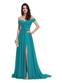 Miao Duo Women's Off The Shoulder Long Prom Dresses with Slit Lace Appliqued Chiffon Formal Party Gowns MD8542
