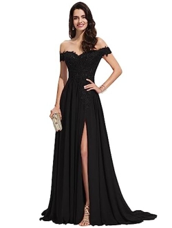 Miao Duo Women's Off The Shoulder Long Prom Dresses with Slit Lace Appliqued Chiffon Formal Party Gowns MD8542