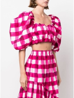 puff-sleeved gingham crop top