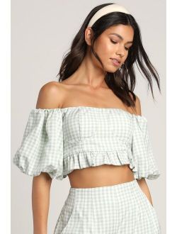 Game Set Match Light Green Gingham Off-The-Shoulder Crop Top