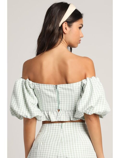 Lulus Game Set Match Light Green Gingham Off-The-Shoulder Crop Top