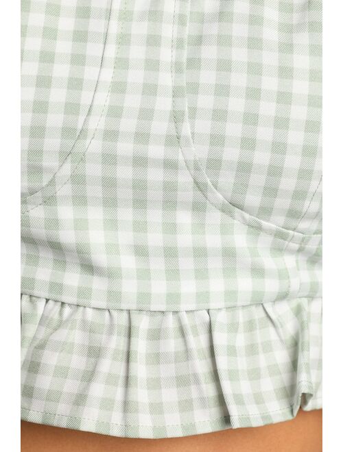 Lulus Game Set Match Light Green Gingham Off-The-Shoulder Crop Top