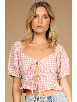 Pick A Posy Pink Gingham Tie-Front Puff Sleeve Top
