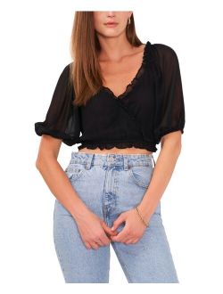 Puff Sleeve Cross Front Cropped Top