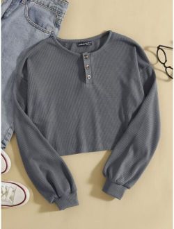 Half Button Drop Shoulder Crop Tee