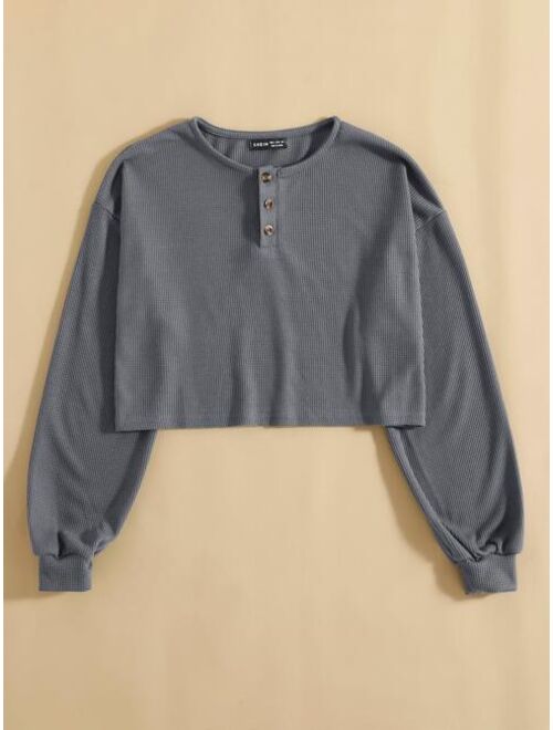 Shein Half Button Drop Shoulder Crop Tee