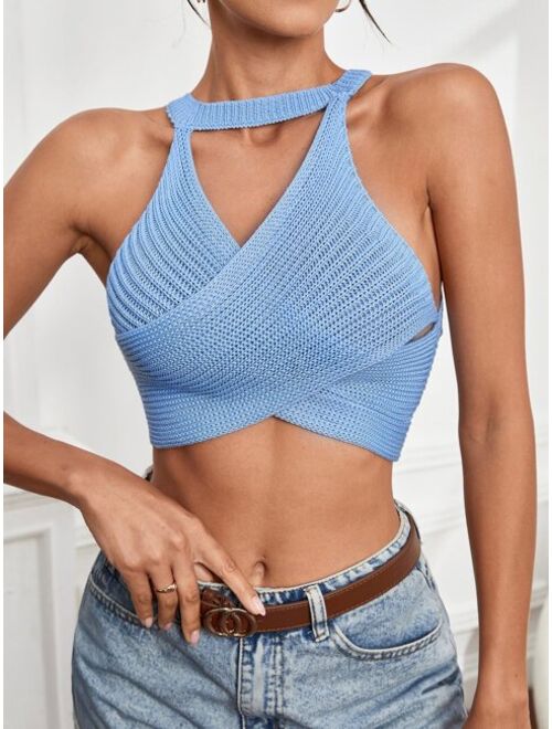 Shein Choker Neck Wrap Lace Up Backless Knit Top