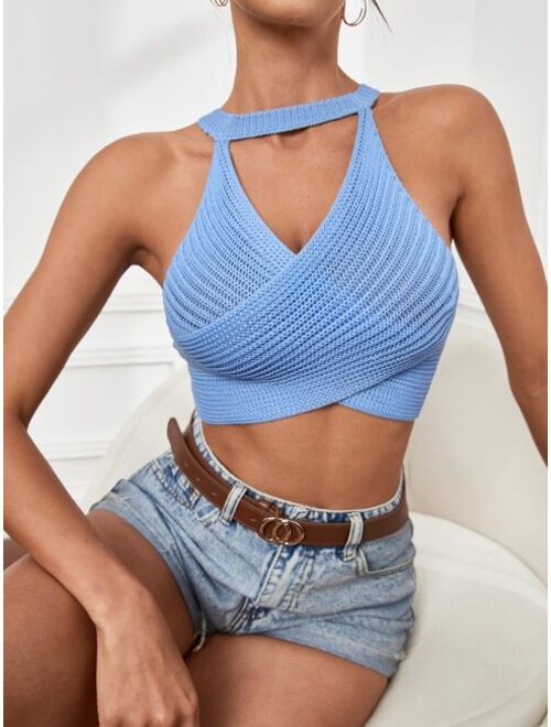 Shein Choker Neck Wrap Lace Up Backless Knit Top