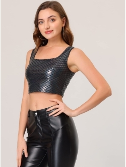 Women's U Neck Sleeveless Party Clubwear Shiny Metallic Crop Top