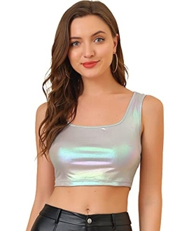 Women's U Neck Sleeveless Party Clubwear Shiny Metallic Crop Top