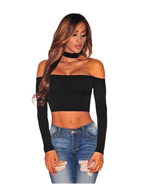 Abberrki Womens Sexy Off Shoulder Crop Top Long Sleeve Off The Shoulder with Choker