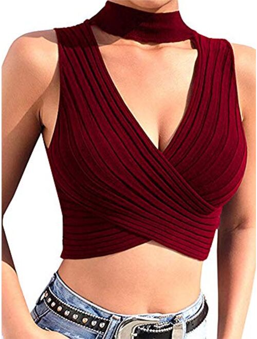 GLIENST Womens Choker V Neck Tank Top Sleeveless Cut Out Knit Cross Wrap Crop Top Vest Shirt