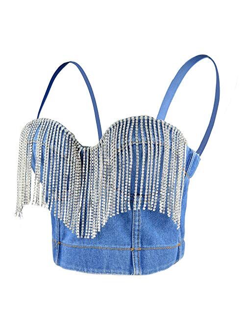 ELLACCI Women's Tassel Rhinestone Denim Bustier Crop Top Jean Corset Top Bra Blue