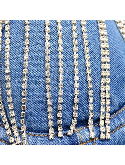ELLACCI Women's Tassel Rhinestone Denim Bustier Crop Top Jean Corset Top Bra Blue