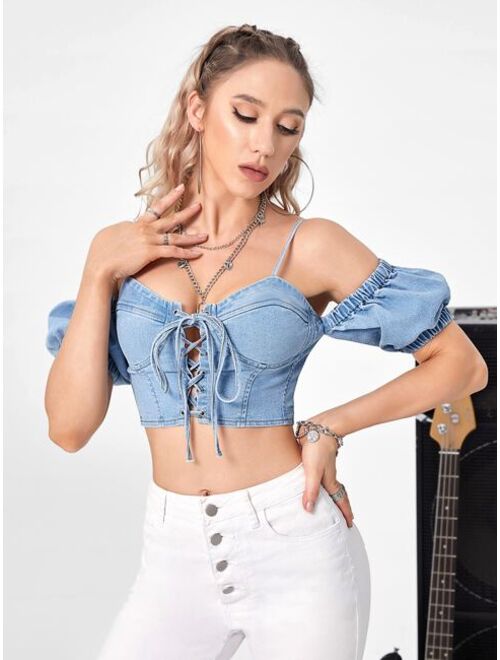 Shein Cold Shoulder Puff Sleeve Lace Up Front Crop Denim Top