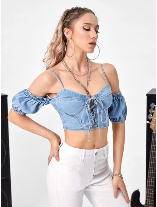 Shein Cold Shoulder Puff Sleeve Lace Up Front Crop Denim Top