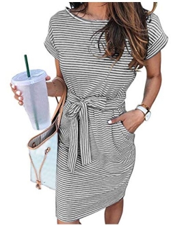 Women's Summer Striped Short Sleeve T Shirt Dress Casual Tie Waist with Pockets